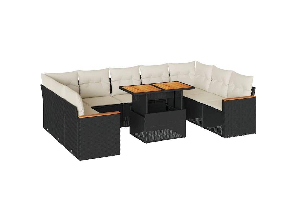 Conjunto de 10 Sofás Jardim com Almofadões Vime Pe/acácia Preto MAISON EXCLUSIVE (10 pcs)