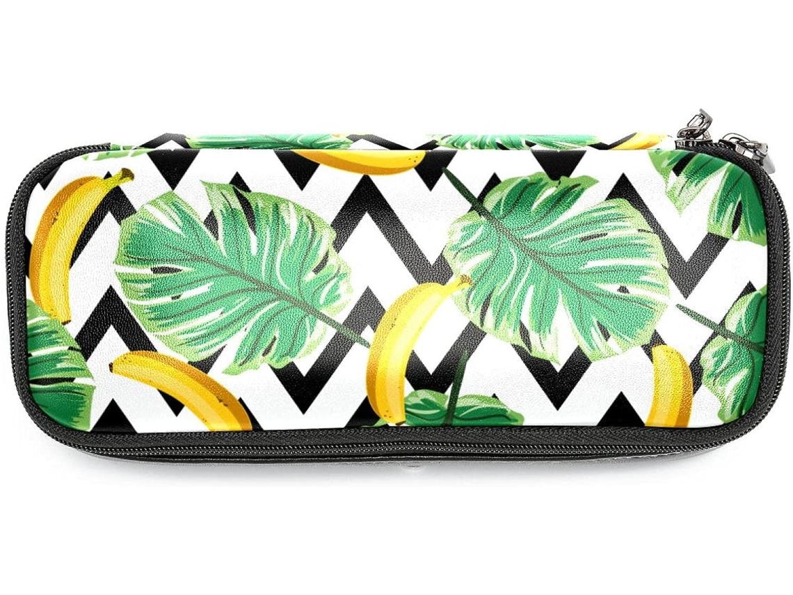 Estojo Grande Com Design Em Ziguezague De Folhas Palmeira E Banana, Organizador De Maquiagem, Ideal Escola