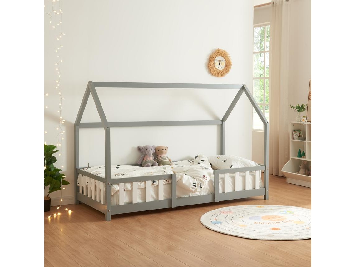 Cama de Criança EN.CASA Sisimiut Forma de Casa Pinho 90X200 Cm Cinzento Claro e Branco