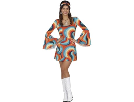 Fato multicolor cheio de curvas dos anos 70 para mulher