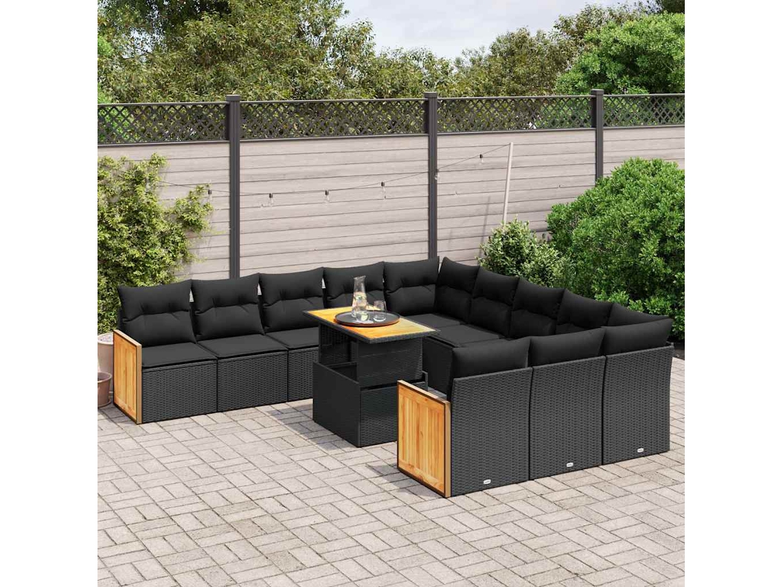 Vidaxl 11 Pcs Conjunto Sofás de Jardim C/ Almofadões Vime Pe Preto