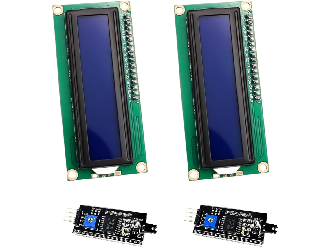 Módulo de display LCD 16x2 com interface I2C (2 peças), 2x16 caracteres, 5V DC, compatível com [Nome da Empresa], fundo azul e caracteres brancos.