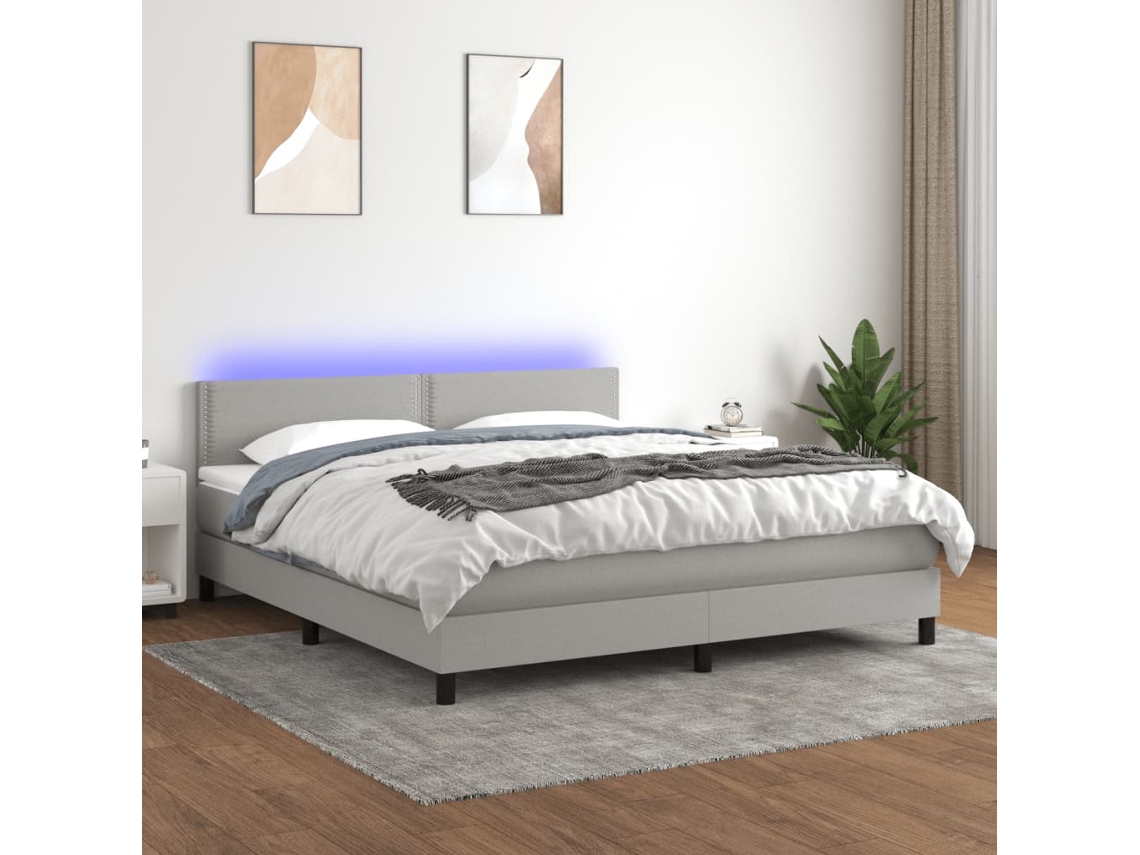 Vidaxl Cama Box Spring C/ Colchão E Led 180x200 Cm Tecido Cinza-claro