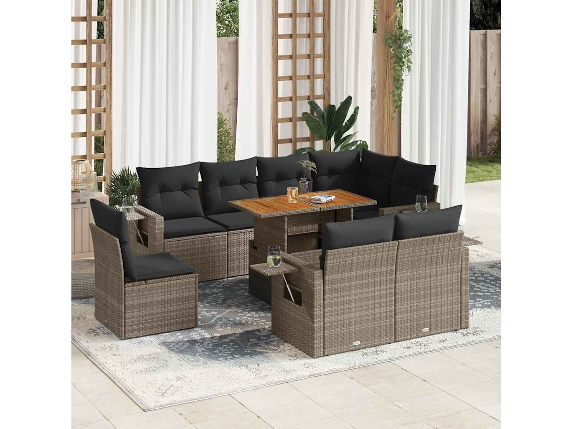 Vidaxl 9 Pcs Conjunto Sofás P/ Jardim Com Almofadões Vime Pe Cinzento