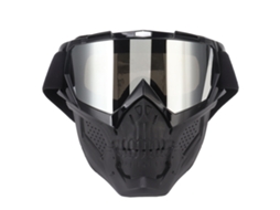 Óculos de proteção para motociclismo com proteção UV e à prova de vento para capacete, lentes pretas e prateadas.