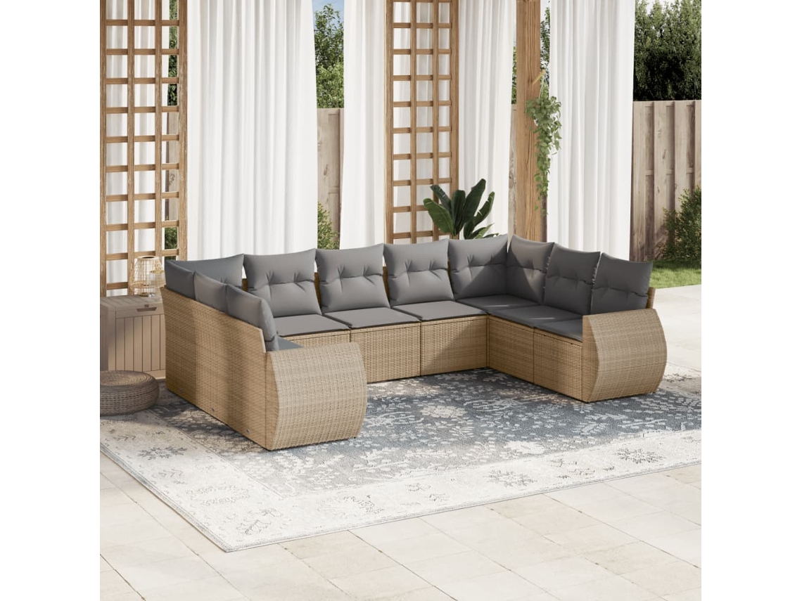 Vidaxl 9 Pcs Conjunto De Sofás P/ Jardim Com Almofadões Vime Pe Bege