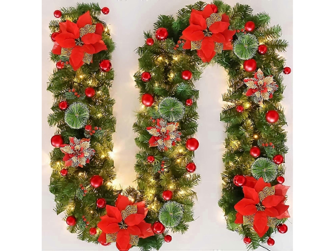 Grinalda De Natal Com Luzes 2,7 M Com Flores Douradas E 40 Bolas
