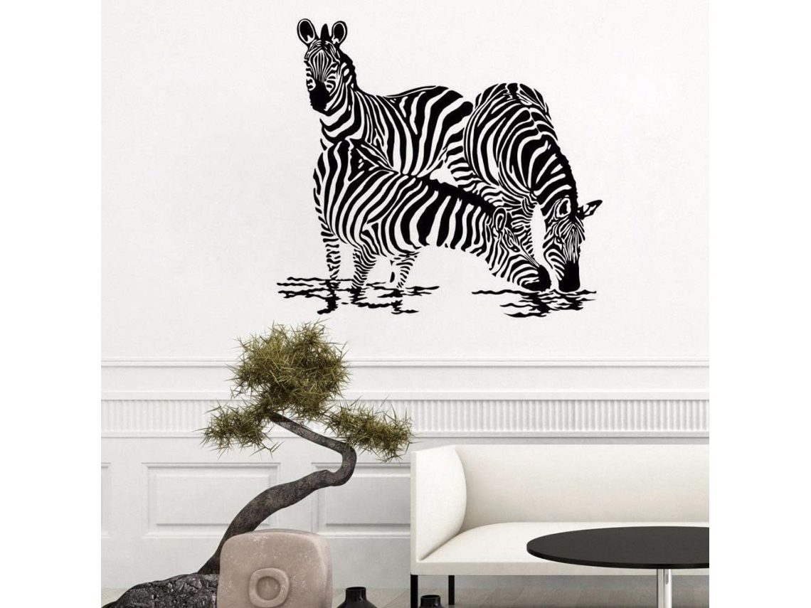 Adesivos de parede com animais africanos: silhueta de três zebras bebendo água, decoração para casa com tema de animais selvagens da selva, 62x57cm