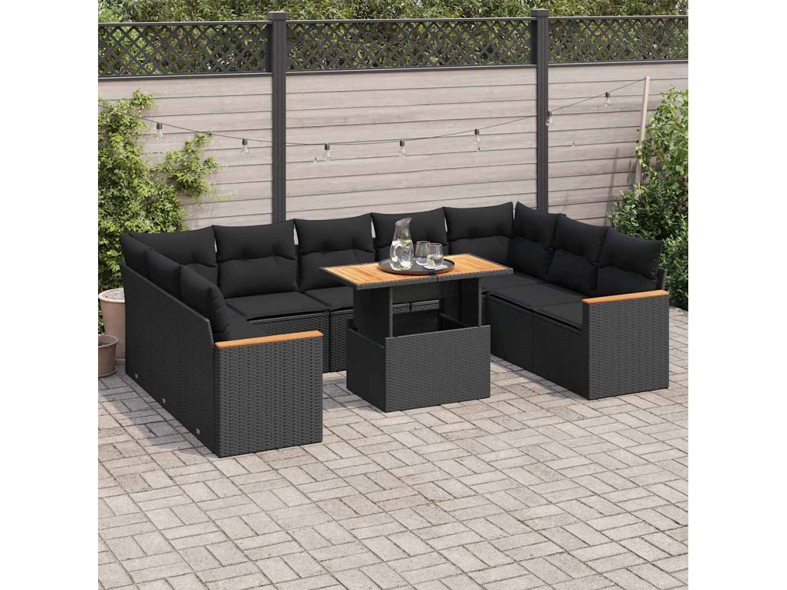 Vidaxl 10 Pcs Conjunto Sofás Jardim C/ Almofadões Vime Pe/acácia Preto