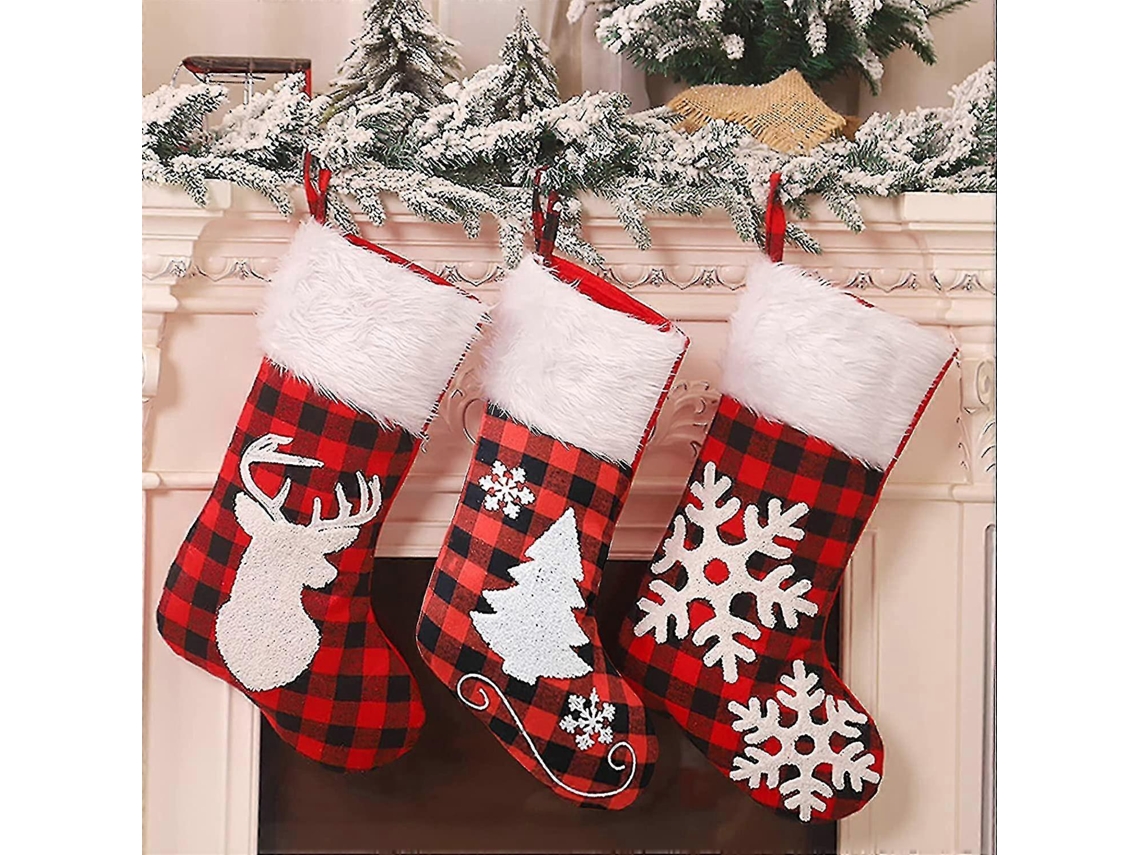 3 Meias De Natal Grandes De 19 Em Xadrez Vermelho E Preto Com Estampa De Búfalo Olysi Shop