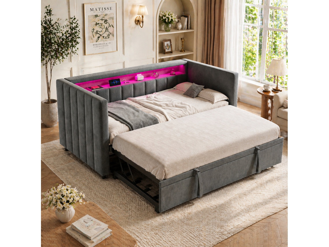 Lit canapé multifonction VSOGA 90x190 Cm avec lit gigogne, usb c, led, velours, rangement, gris