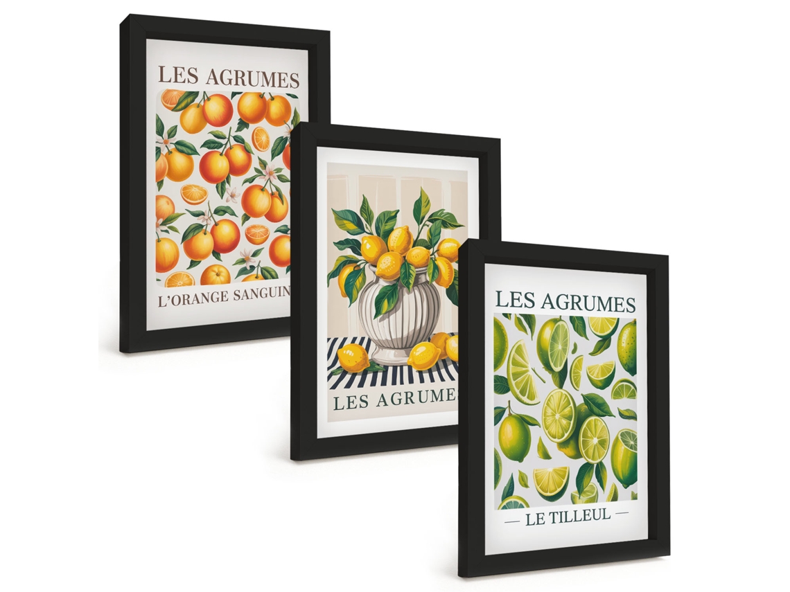 Composição De Quadros Frutas Cítricas Coloridas Espelharte (3 Peças 20x30 Cm)