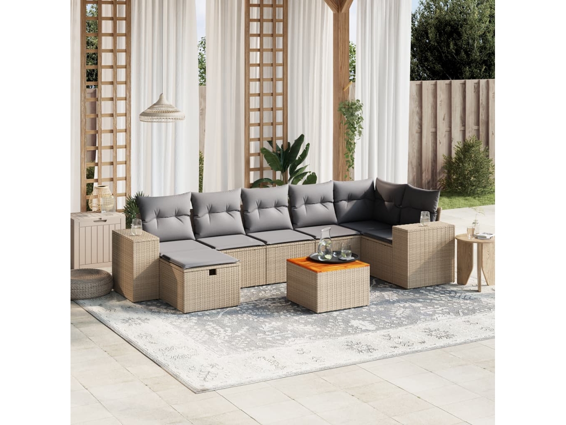 Vidaxl 8 Pcs Conj. Sofás Jardim C/ Almofadões Vime Pe Bege Misturado