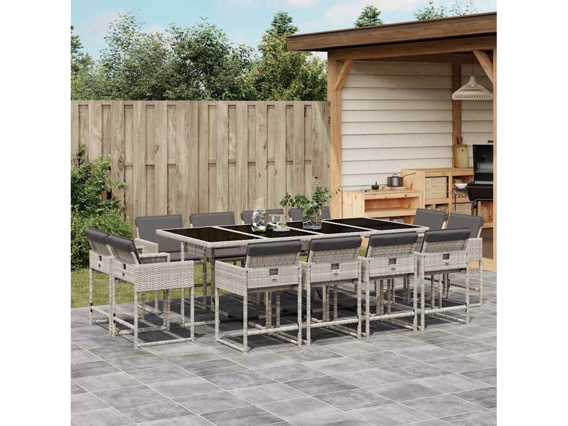 13 Pcs Conj. Jantar Jardim C/ Almofadões Vime Pe Cinza Claro Dkd Home Decor