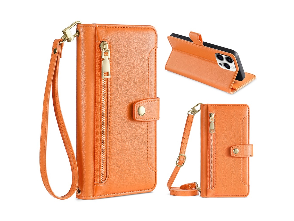 Capa Pega Para Iphone 15 Pro Pele Sintética Com Porta-cartões Laranja