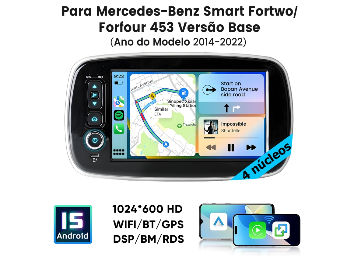 Hexinex Rádio Carro 2gb+64gb Android 15 Wifi 4 Núcleos Para Smart Fortwo 453 2014-2022