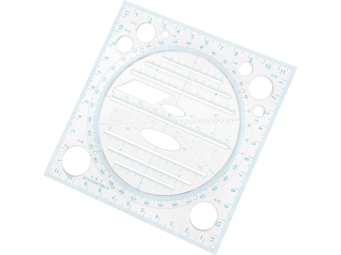 Régua multifuncional transparente para desenhos geométricos, em plástico azul, ideal para estudantes em casa e na escola.