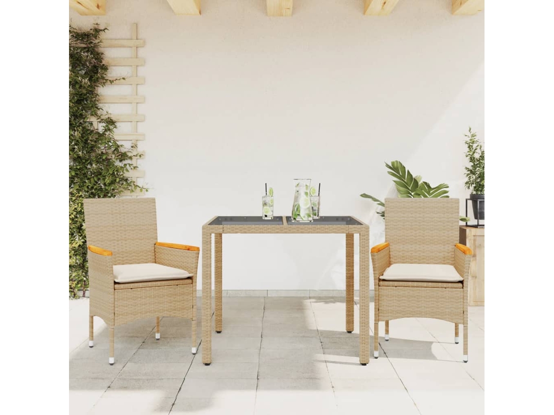 3 Pcs Conjunto Jantar Jardim Com Almofadões Vime Pe/vidro Bege Dkd Home Decor