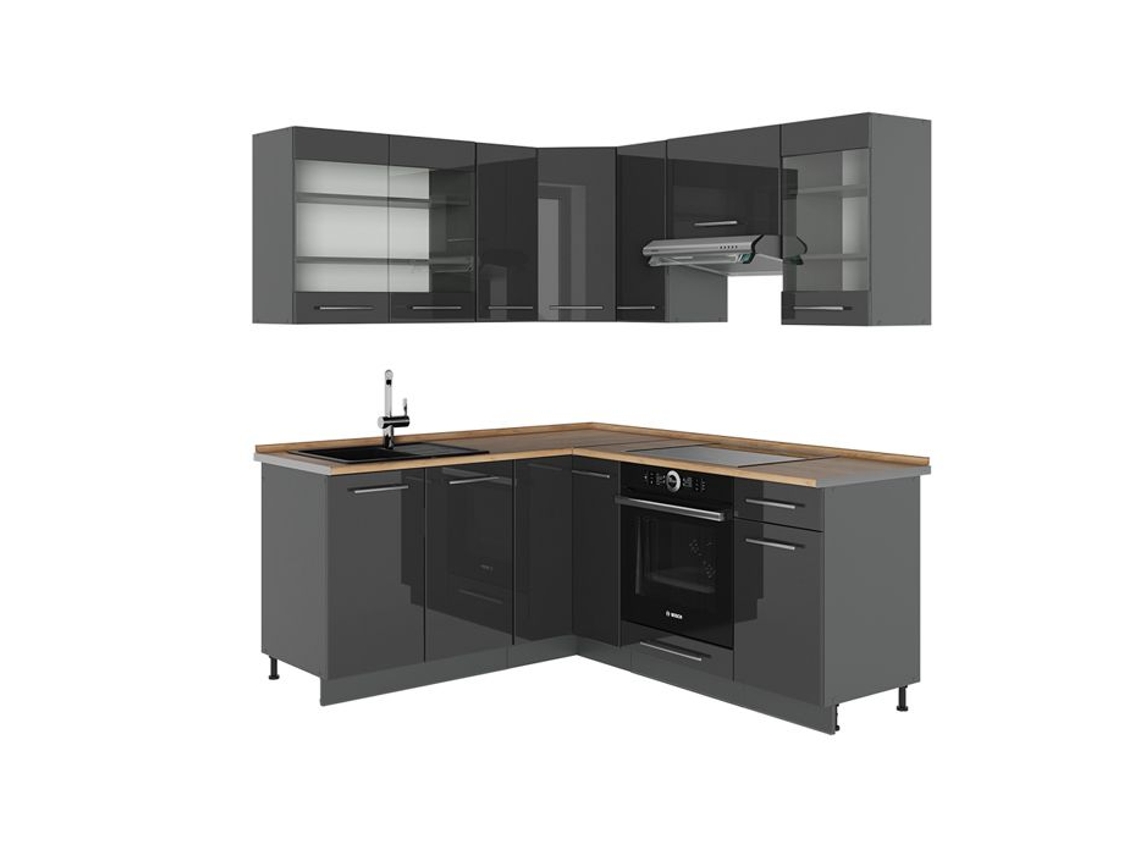 Cozinha Em Ângulo Fame Line, 190x60cm, Pt Carvalho, Alta Brilho Antracite, Antracite, Vicco
