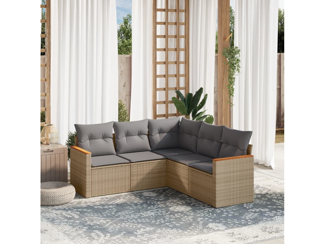 Vidaxl 5 Pcs Conj. Sofás Jardim C/ Almofadões Vime Pe Bege Misturado