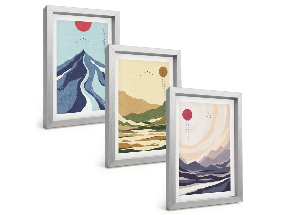 Conjunto De Pinturasmontanhas Em Tons Pastel, Estilo Japonês Moldura Prateada Quadros Para A Sala De Estar Espelharte (3 Peças 20x30 Cm)