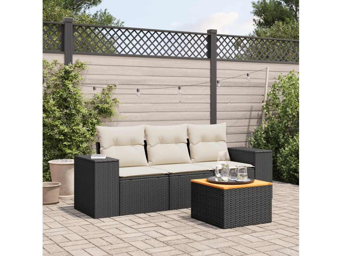 Jogo de Sofá 4 Peças Jardim C/ Almofadões Vime Pe Preto Dkd Home Decor