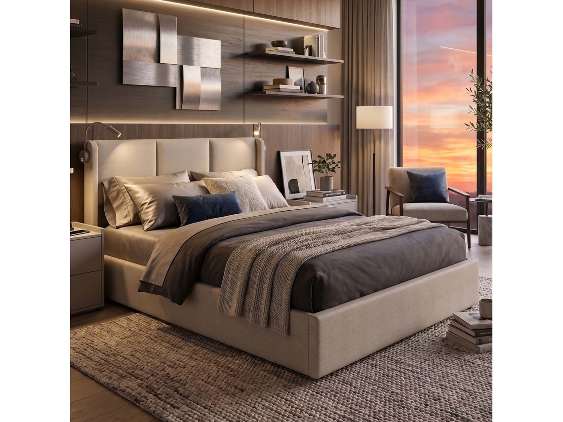 Cama de casal elevatória em linho com luzes de leitura USB e arrumação hidráulica 160x200 cm LAZYSPACE
