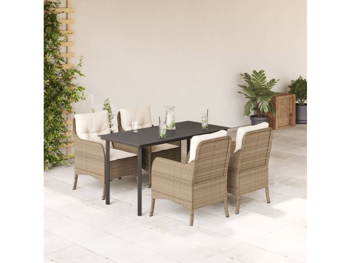 Vidaxl 5 Pcs Conjunto De Jantar P/ Jardim Com Almofadões Vime Pe Bege