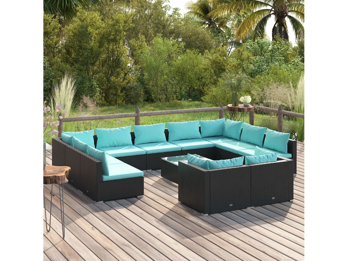 12 Pcs Conjunto Lounge De Jardim C/ Almofadões Vime Pe Preto Dkd Home Decor