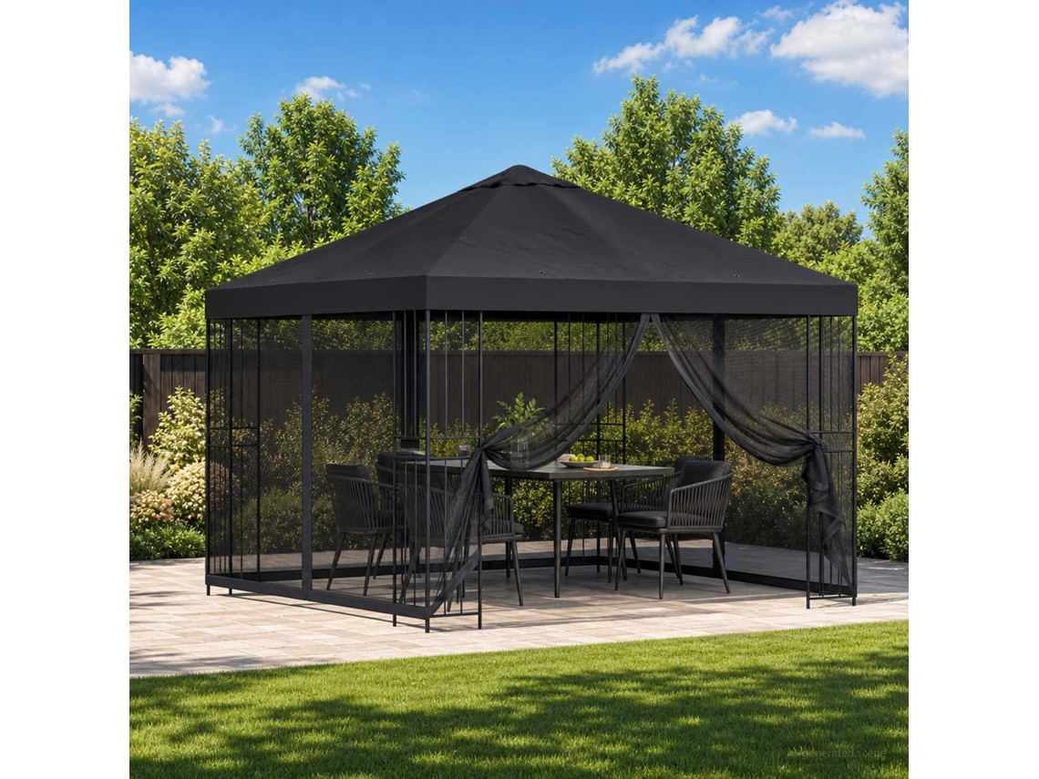 Vidaxl Gazebo De Jardim Com Laterais 3 X 3 M Preto Poliéster E Aço