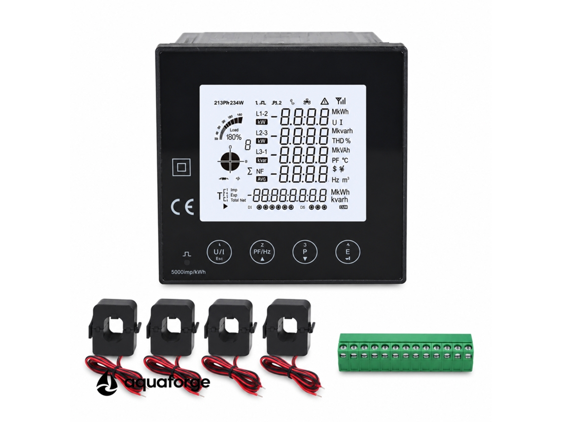 Medidor Elétrico Multifuncional Aquaforge Pac5000 Com Ecrã Lcd E Rs485 Modbus Para Quadro Elétrico