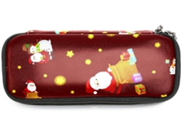 Este é um Feliz Natal, com estampa do Papai Noel, amplo espaço para presentes e organização de maquiagem, ideal para a escola.