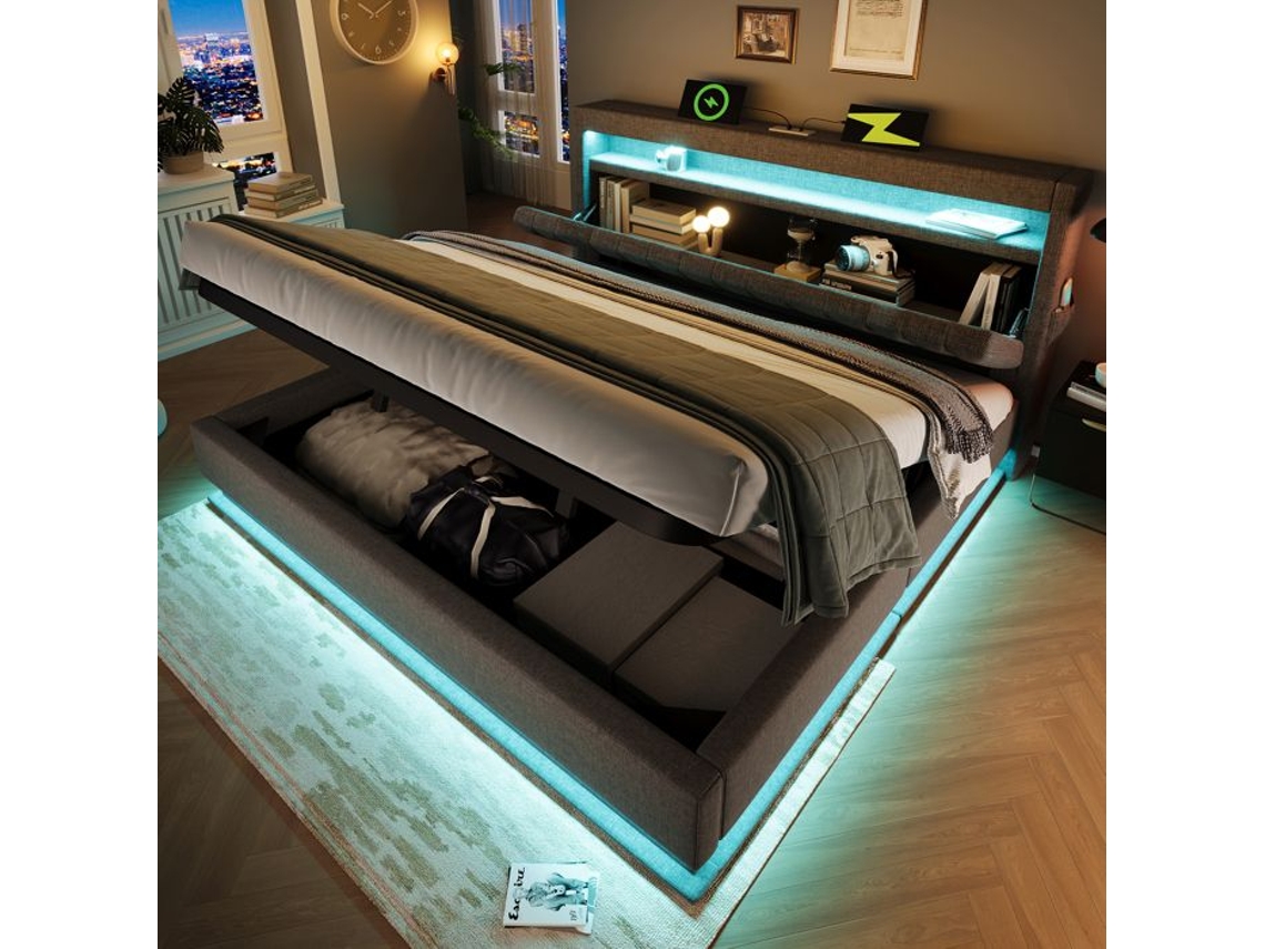 Cama Capitonê Dupla - Minimal - 140x190 Cinza Linho Usb-c Led Com Baú Hidráulico E Ripas
