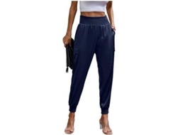 2026-pantalones Jogger De Seda Para Mujer De Cintura Alta Casual Con Bolsillos De Largo Xl Azul Marino