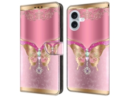 Capa Em Couro Pu Com Suporte Para Apple Iphone 16 Plus - Borboleta Rosa/dourada