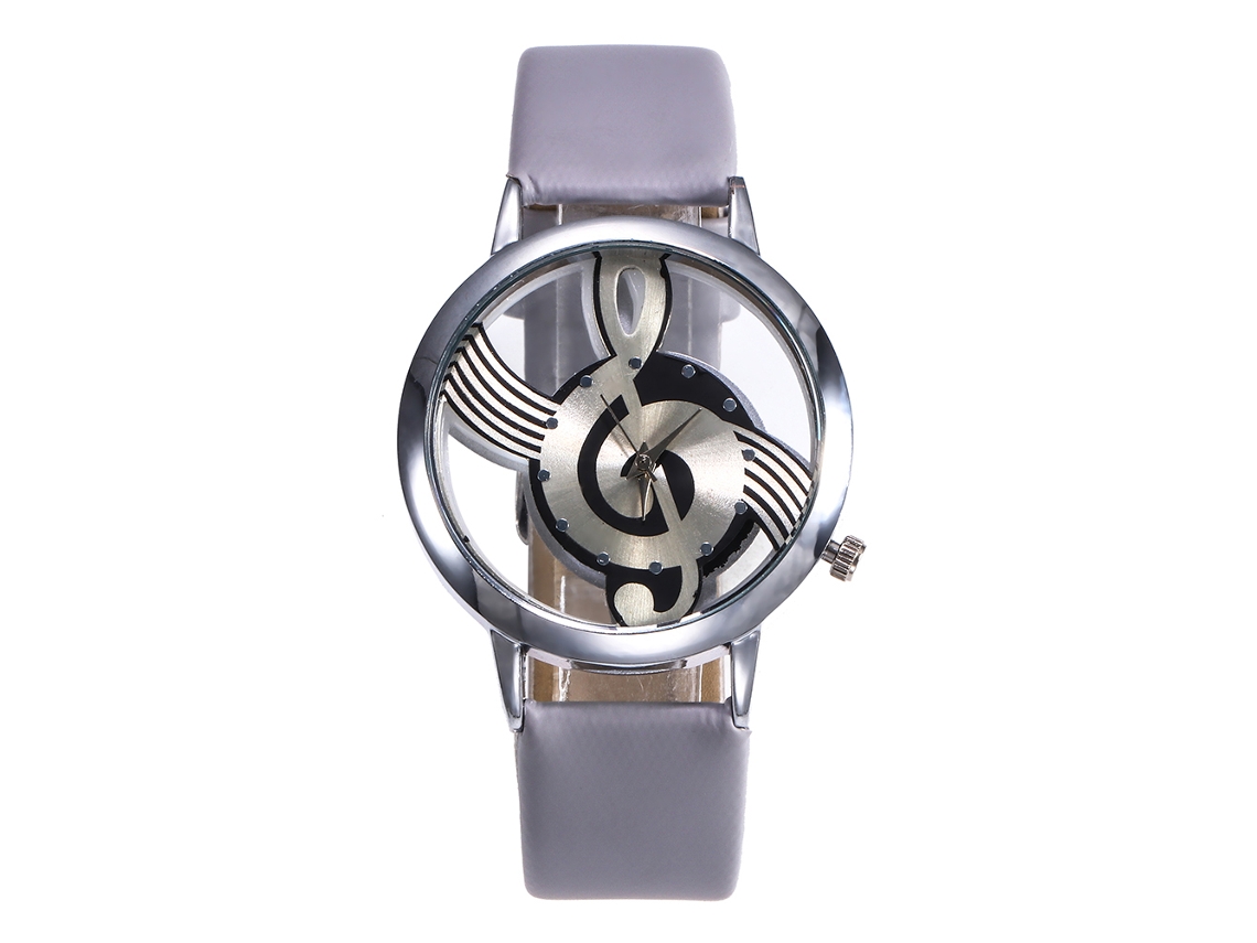 Relógio de Quartzo Feminino com Pulseira de Couro Pu e Design de Nota Musical Oca Cinza Zhoulianfa
