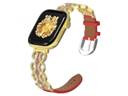 Bracelete para Apple Watch 46/49/45/44mm Híbrida: Aço Inoxidável com Diamantes e Couro Genuíno Dourada + Vermelha XIAOMOYU