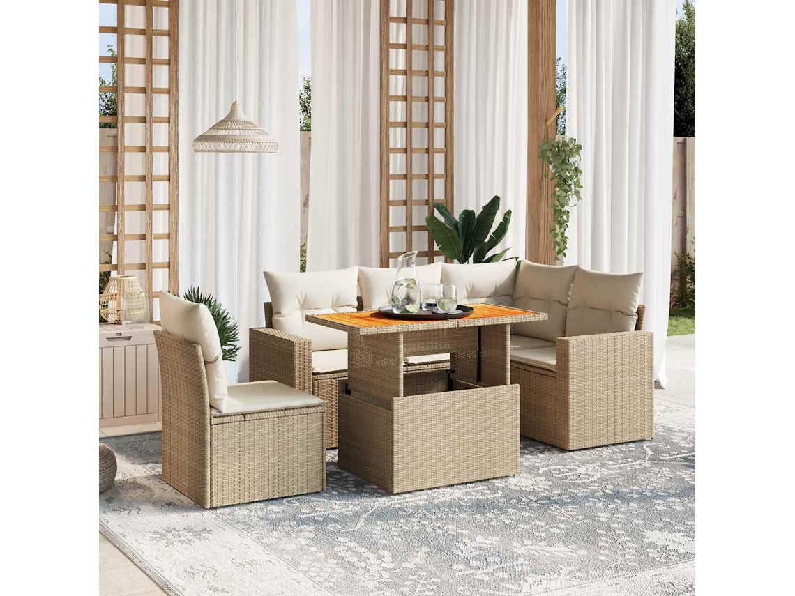 Vidaxl 6 Pcs Conjunto De Sofás P/ Jardim Com Almofadões Vime Pe Bege