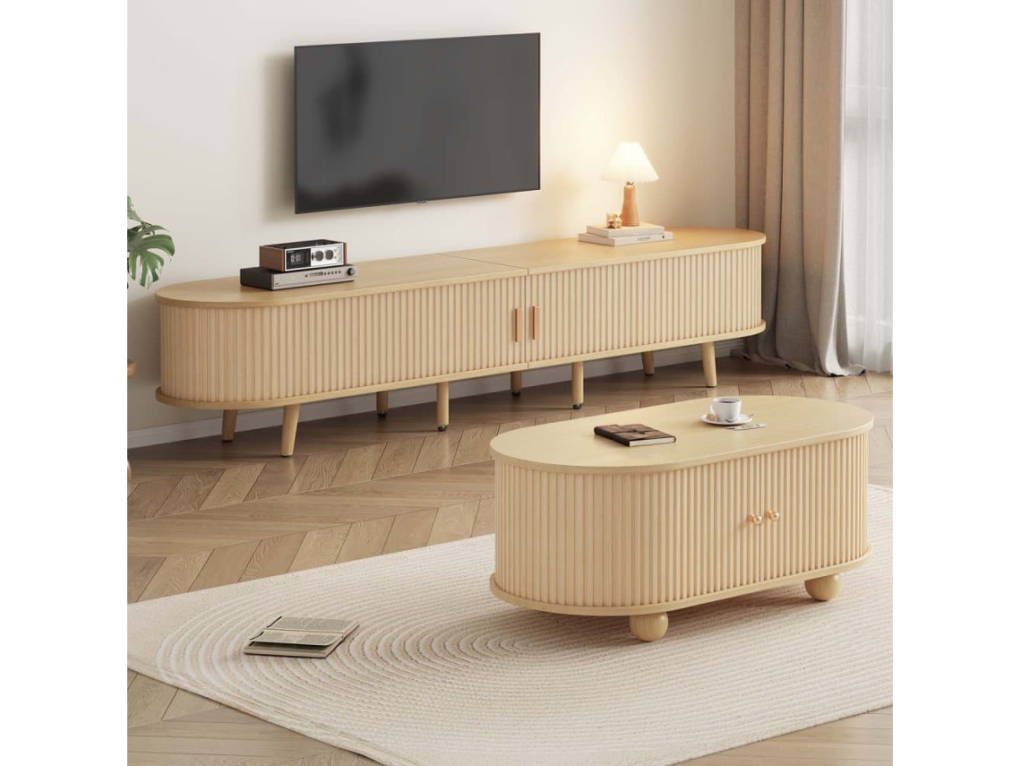 Móvel De Tv + Mesa De Centro - Combinação Ovalada Com Arrumação - Cor Madeira Natural
