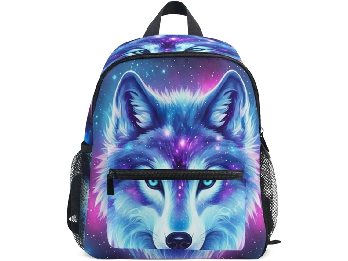 Mochila Infantil Com Estampa De Lobo Galáctico Em Tons Azul E Roxo, Para Meninas Meninos 3 A 8 Anos,