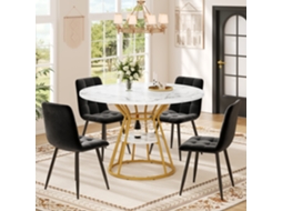 Conjunto Jantar 5p, Mesa Redonda 100x100x76cm Mármore + 4 Cadeiras Pretas. Cs