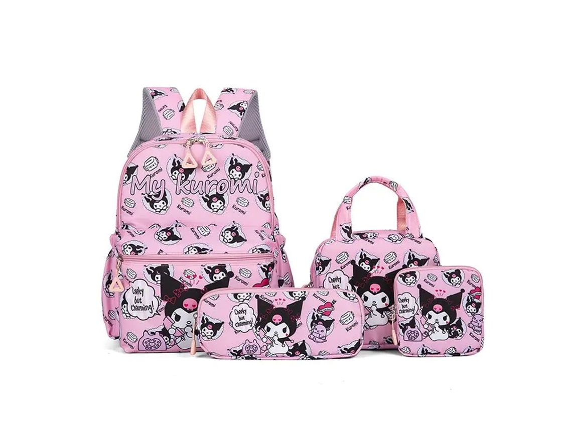 Linda mochila escolar infantil Sanrio Hello Kitty Melody Kuromi com desenho da Sanrio, estojo e carteira nova.