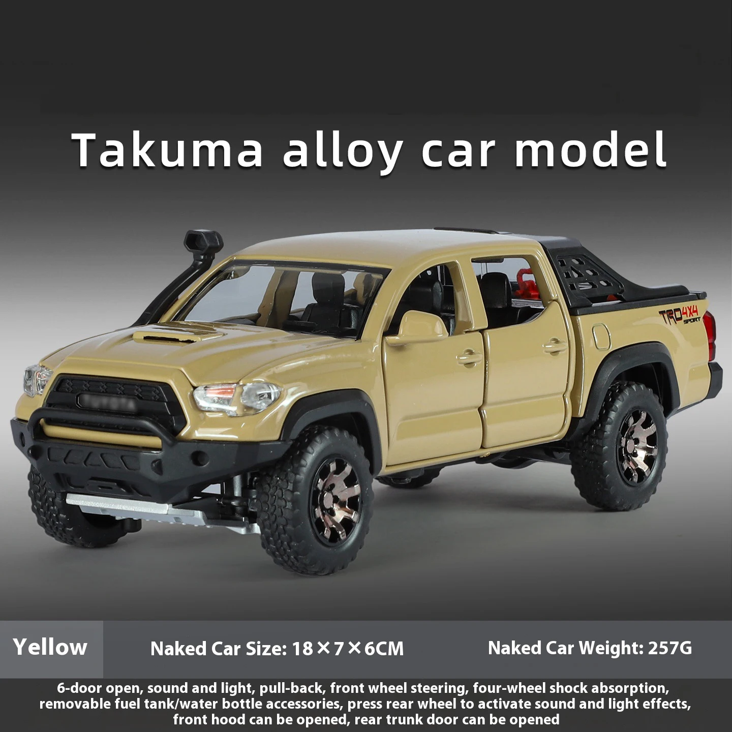 (amarelo) Miniatura De Veículo Off-road Tacoma Em Liga Metálica, Escala 1:32, Com Som E Luz Realistas, Brinquedo Infantil Com Acessórios Removíveis.