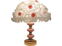 Mesa com base em estampa floral retrô original, estrutura robusta com tecido metálico, iluminação relaxante para estudo.
