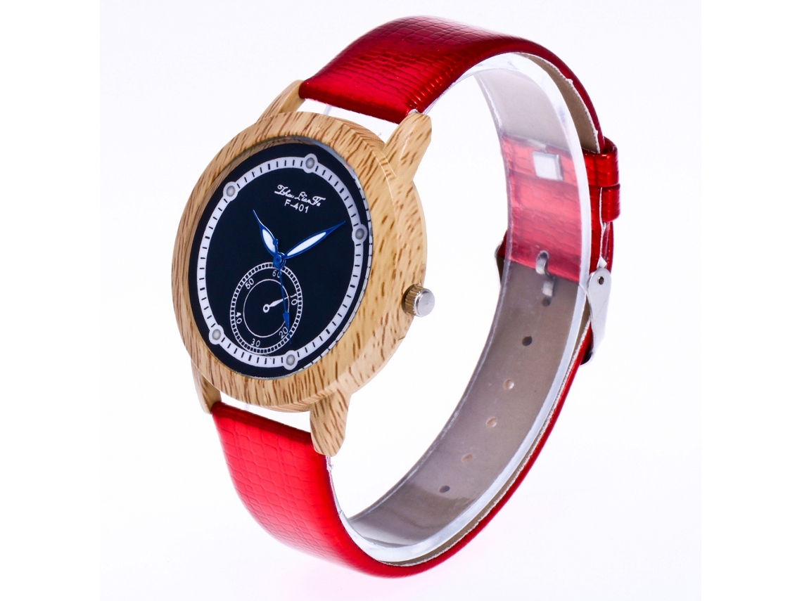 Reloj De Cuarzo Unisex Pareja Con Correa Pu De Grano De Madera Simple (rojo)