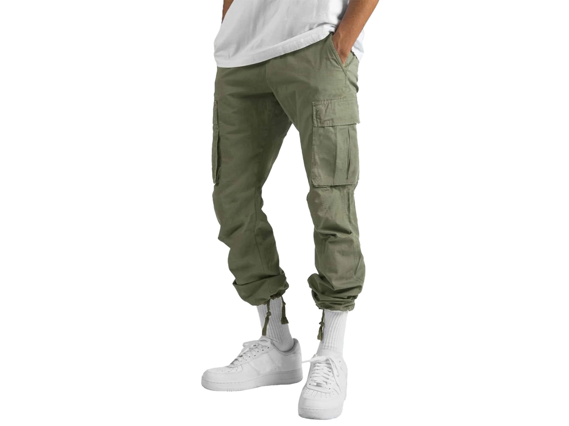 Calças Cargo Masculinas de Perna Reta Casual com Cordão e Bolsos Verdes G
