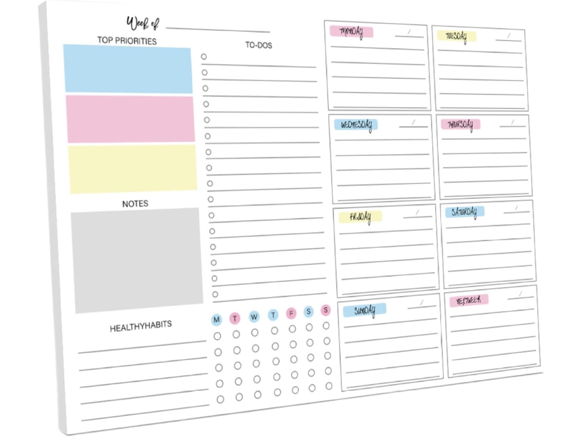 Agenda/Caderno semanal com 52 páginas sem data e folhas destacáveis.