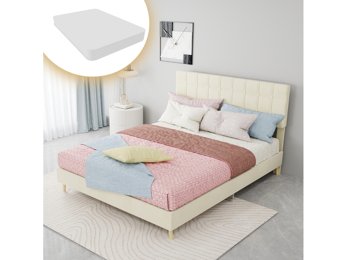 Cama De Casal Estofada Em Tecido Bege Com Cabeceira Acolchoada 140x200 Cm