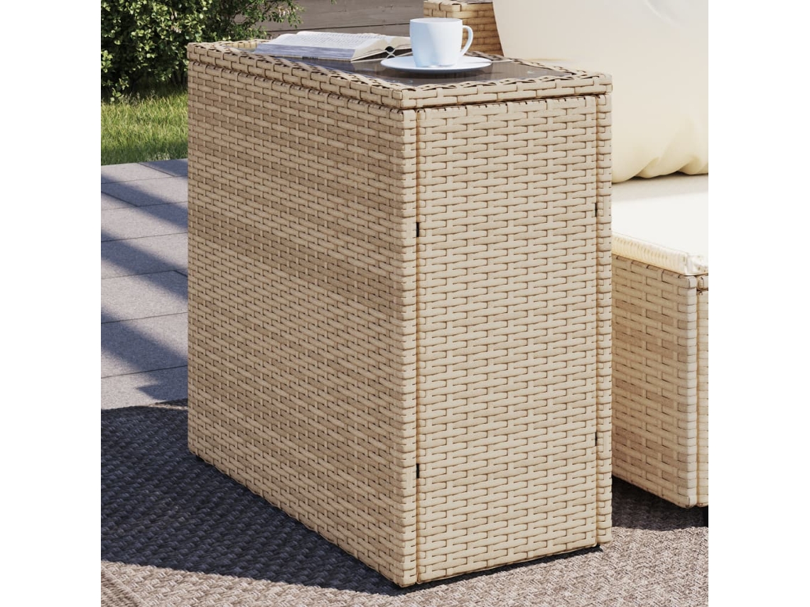 Vidaxl Mesa De Apoio Jardim C/ Tampo Vidro 58x27,5x55 Cm Vime Pe Bege