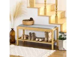Banco Sapateira De Bambu Com Assento Estofado Para 3 Pares Sapatos E Prateleira 90x30x46 Cm Madeira